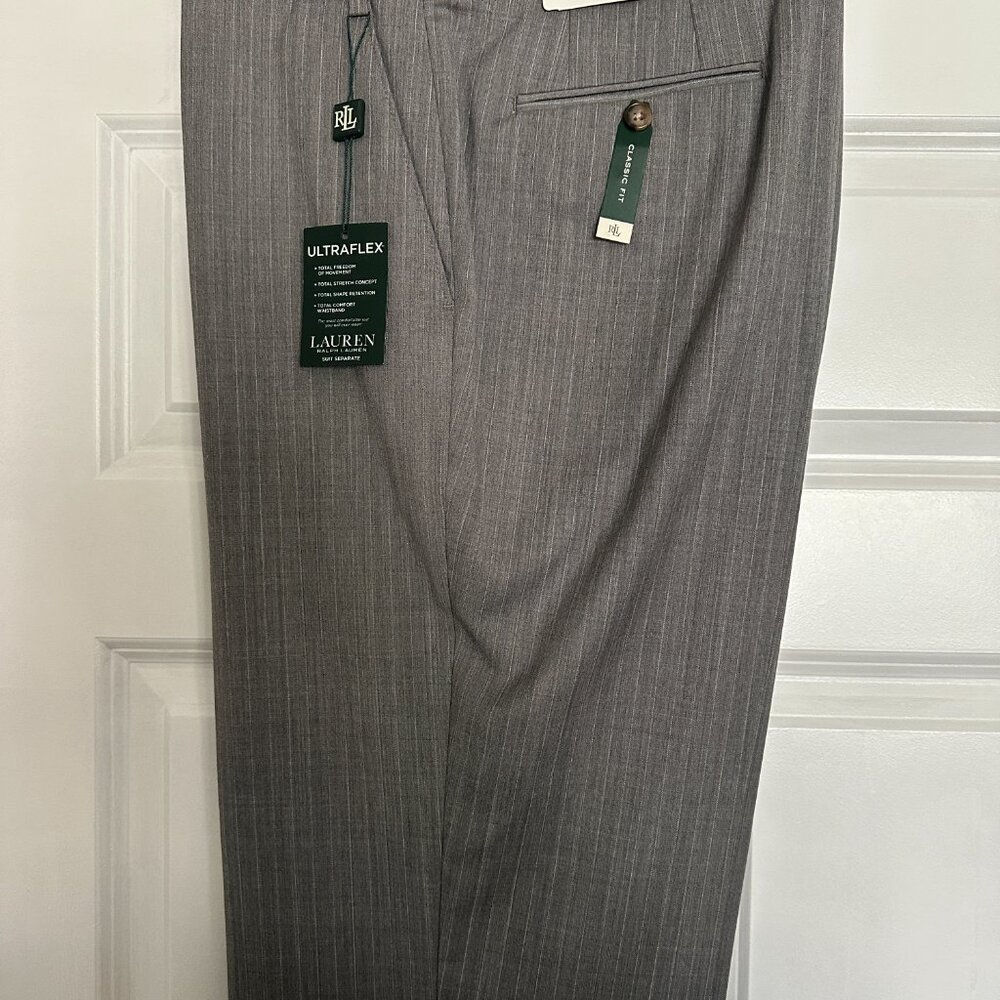 Lauren Ralph Lauren Light Gray Striped Wool Dress Pants Mens 40 x 32 UltraFlex